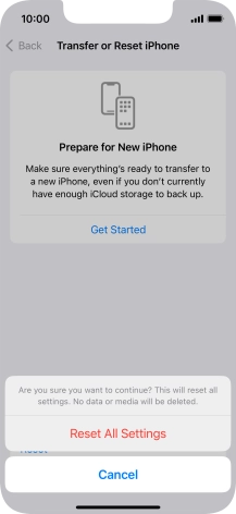 Press Reset All Settings. Wait a moment while the factory default settings are restored. Follow the instructions on the screen to set up your phone and prepare it for use. Press Reset All Settings. Wait a moment while the factory default settings are restored. Follow the instructions on the screen to set up your phone and prepare it for use.