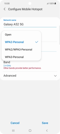 Press WPA3-Personal to password protect your Wi-Fi hotspot.