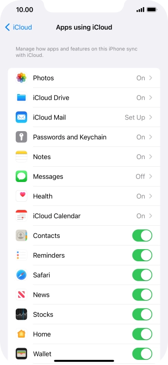 Press the indicators next to the required data types to turn synchronisation of each data type on or off.