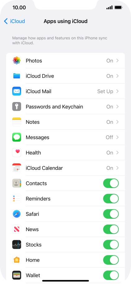 Press the indicators next to the required data types to turn synchronisation of each data type on or off.