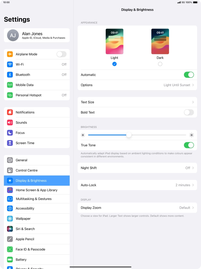 If you turn on the function, press Options and follow the instructions on the screen to select the required period of time for Dark Mode.
