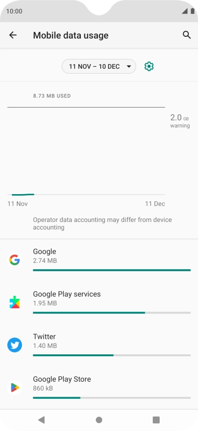 The data usage for each application is displayed below the name of the application.
