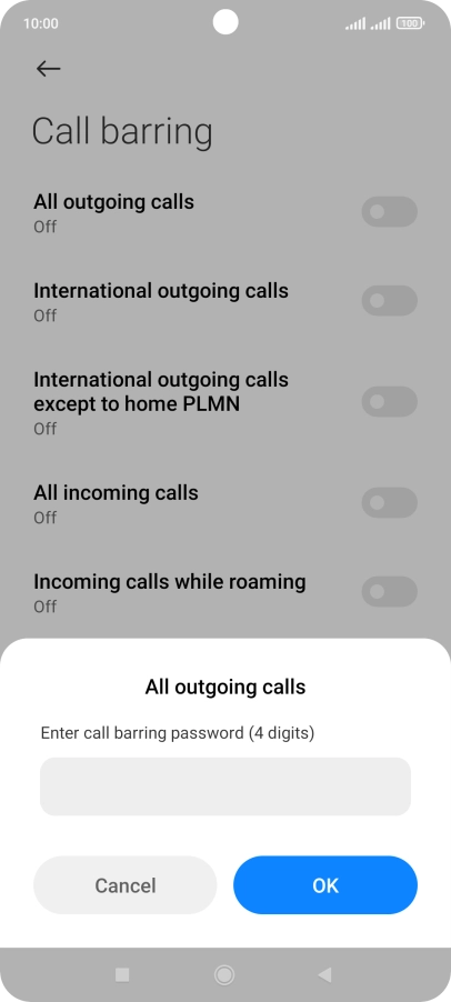 Key in your barring password and press OK. The default barring password is 1919.