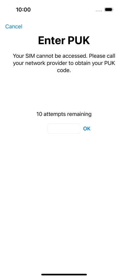 Key in the PUK and press OK.