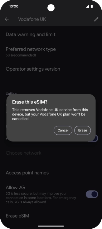 Press Erase and follow the instructions on the screen to delete your eSIM.