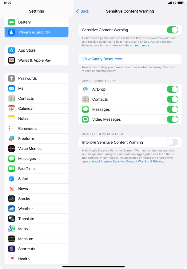 Press the indicators next to the required applications to turn the function on or off.
