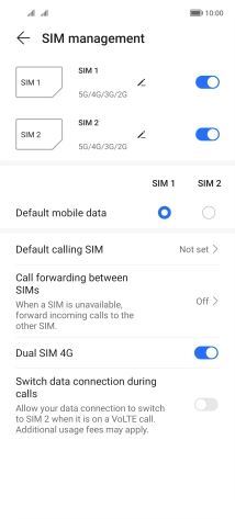 Press the indicator next to the required SIM to turn use of the SIM on or off.