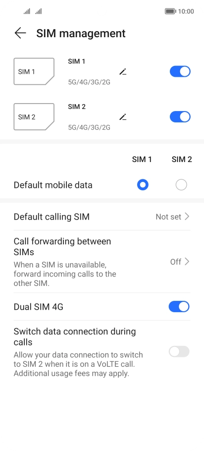 Press the indicator next to the required SIM to turn use of the SIM on or off.