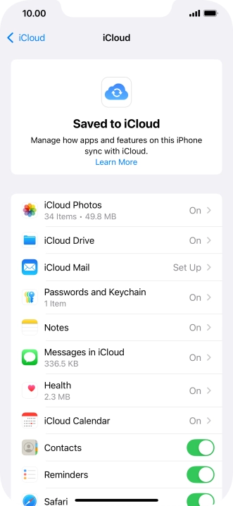 Press the indicators next to the required data types to turn synchronisation of each data type on or off.