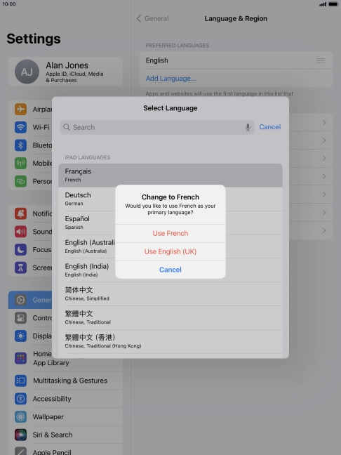 To select the new language as the default tablet language, press Use ‹language›.