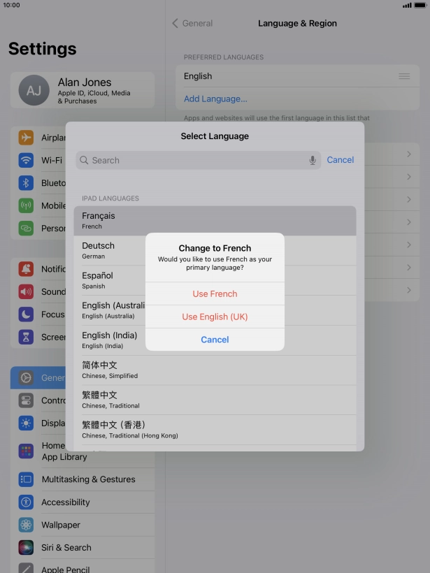 To select the new language as the default tablet language, press Use ‹language›.