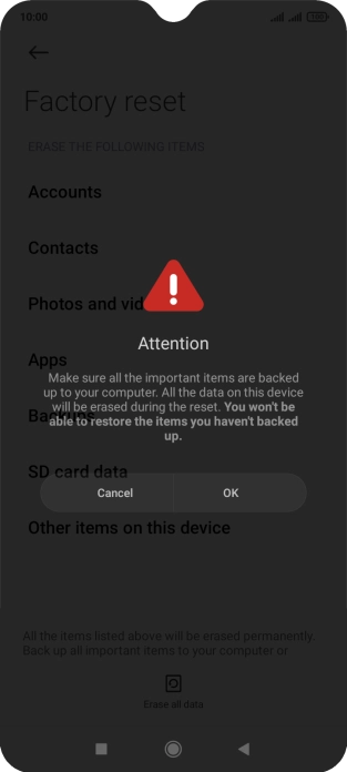 Press OK. Wait a moment while the factory default settings are restored. Follow the instructions on the screen to set up your phone and prepare it for use.