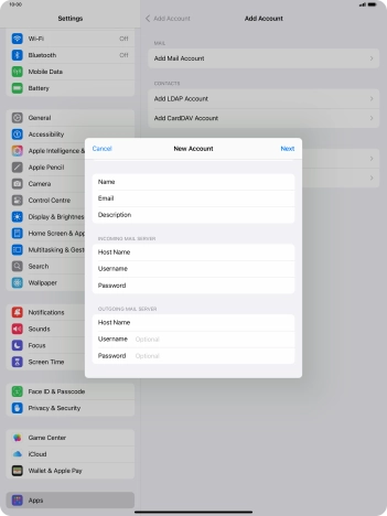 Press Username and key in the username for your email account.