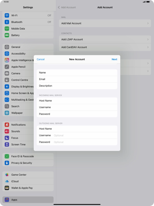 Press Username and key in the username for your email account.