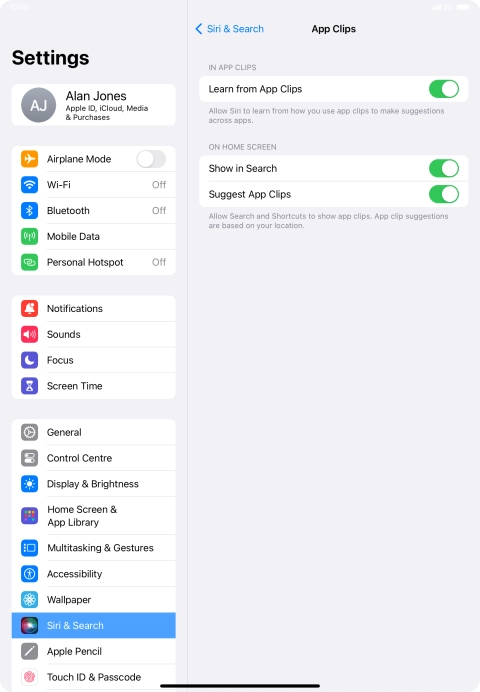 Press the indicators next to the required settings to turn them on or off.