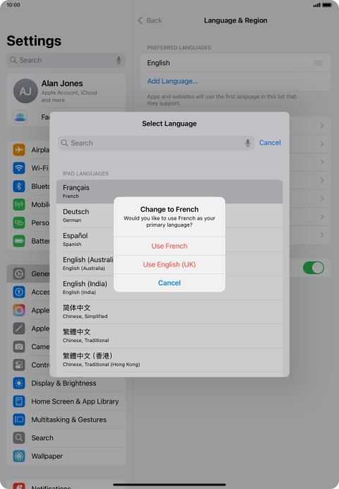 To select the new language as the default tablet language, press Use ‹language›.