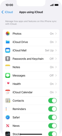 Press the indicators next to the required data types to turn synchronisation of each data type on or off.