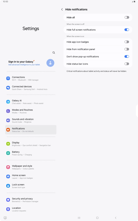 Press the indicators next to the required settings to turn display of the selected notification types on or off.