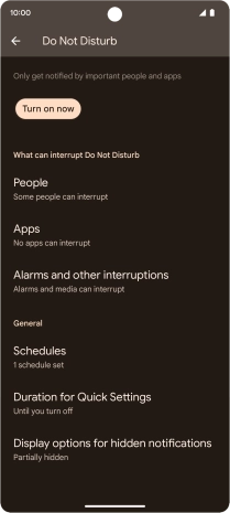 Press Turn on now to turn the function on or off.