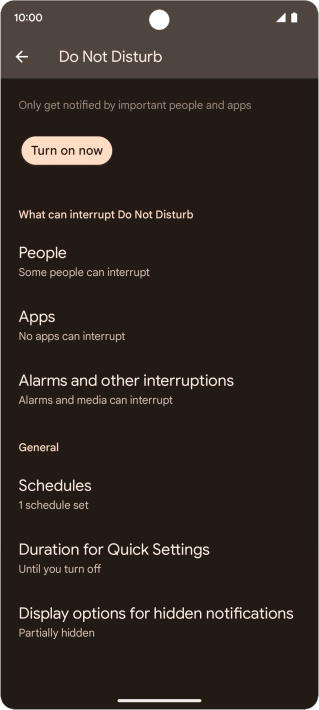 Press Turn on now to turn the function on or off.