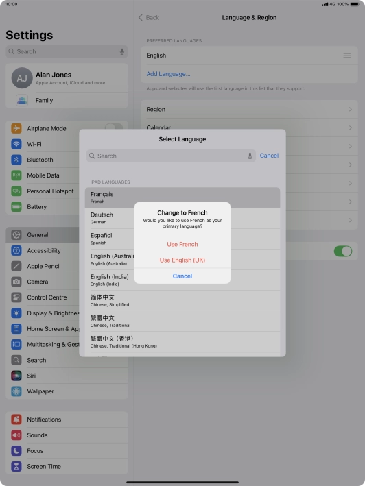 To select the new language as the default tablet language, press Use ‹language›. To select the new language as the default tablet language, press Use ‹language›.