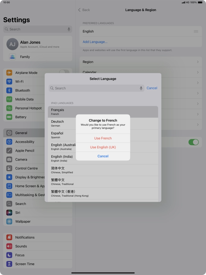 To select the new language as the default tablet language, press Use ‹language›. To select the new language as the default tablet language, press Use ‹language›.