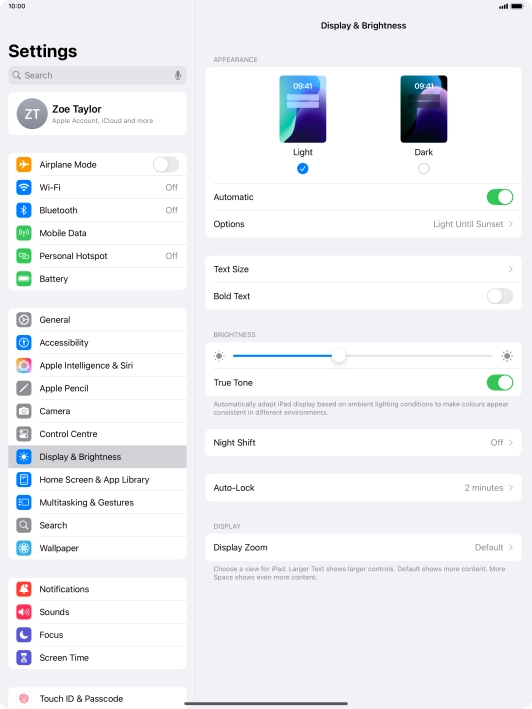 If you turn on the function, press Options and follow the instructions on the screen to select the required period of time for Dark Mode.