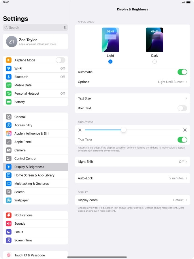 If you turn on the function, press Options and follow the instructions on the screen to select the required period of time for Dark Mode.