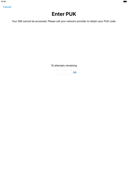 Key in the PUK and press OK.