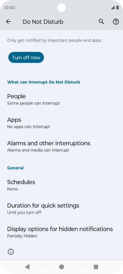 Press Turn off now to turn off Do Not Disturb.