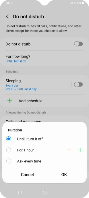 Press the required setting.