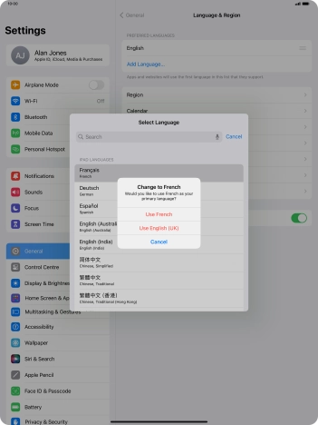 To select the new language as the default tablet language, press Use ‹language›.