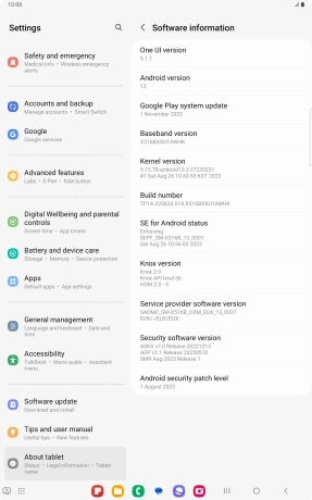 Your tablet's software version is displayed below Android version.