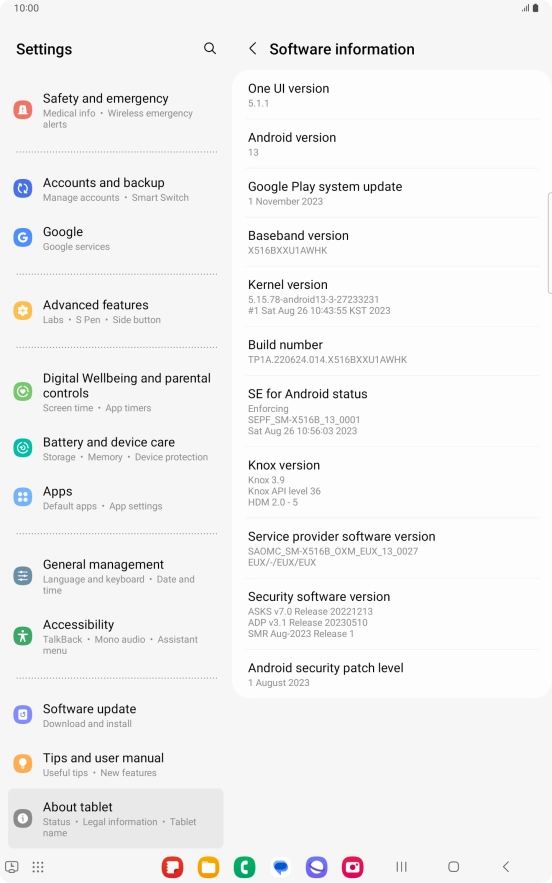 Your tablet's software version is displayed below Android version.