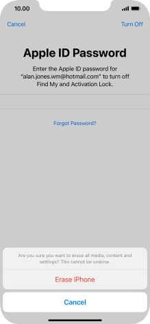 Key in the password for your Apple ID and press Erase iPhone. Wait a moment while the factory default settings are restored. Follow the instructions on the screen to set up your phone and prepare it for use.
