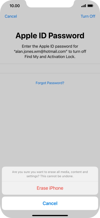 Key in the password for your Apple ID and press Erase iPhone. Wait a moment while the factory default settings are restored. Follow the instructions on the screen to set up your phone and prepare it for use.