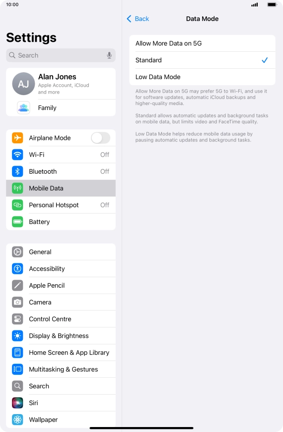 Press the required setting to turn the function on or off.