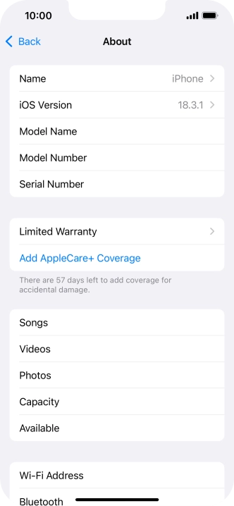 Your phone's software version is displayed next to iOS Version.