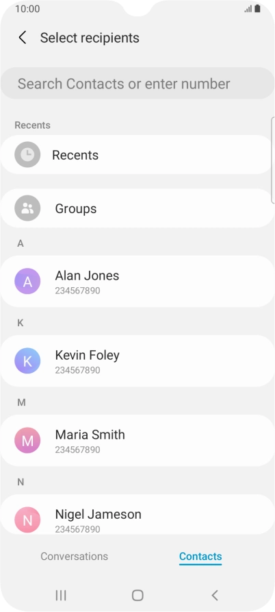 Press the search field and key in the first letters of the recipient's name. Press the search field and key in the first letters of the recipient's name.