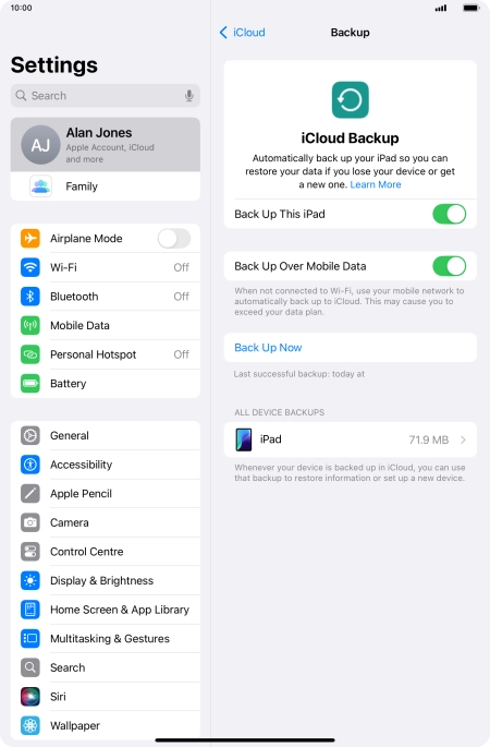 Press Back Up Now and wait while the tablet memory is backed up.