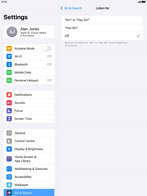 Press the required setting to turn the function on or off. If you turn on the function, you need to follow the instructions on the screen to set up Siri to recognise your voice.