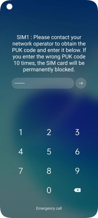 Key in the PUK and press arrow right.