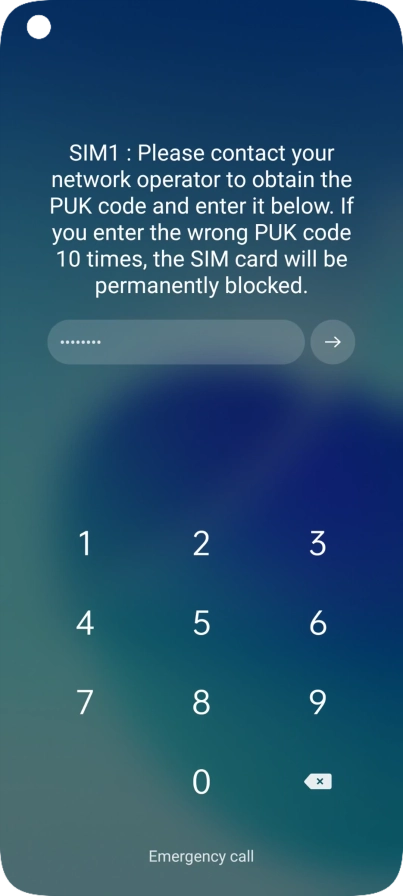 Key in the PUK and press arrow right.