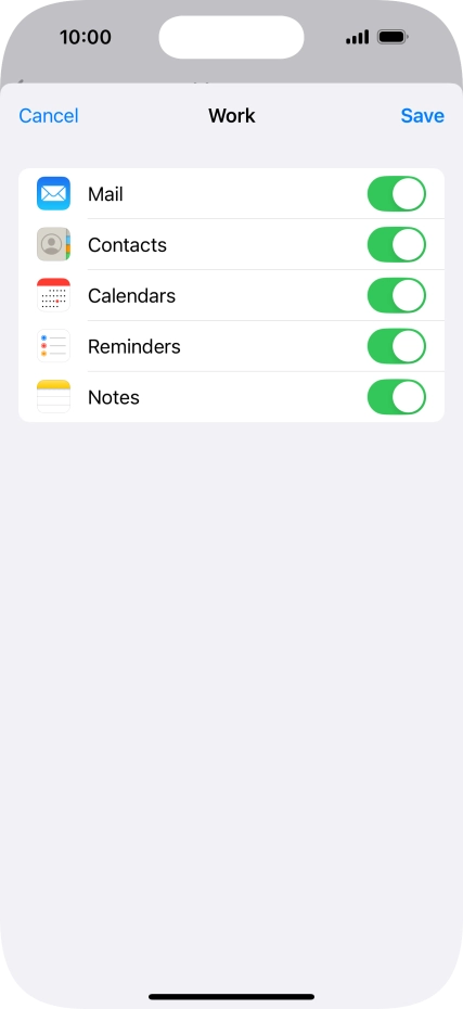 Press the indicators next to the required data types to turn synchronisation of each data type on or off.