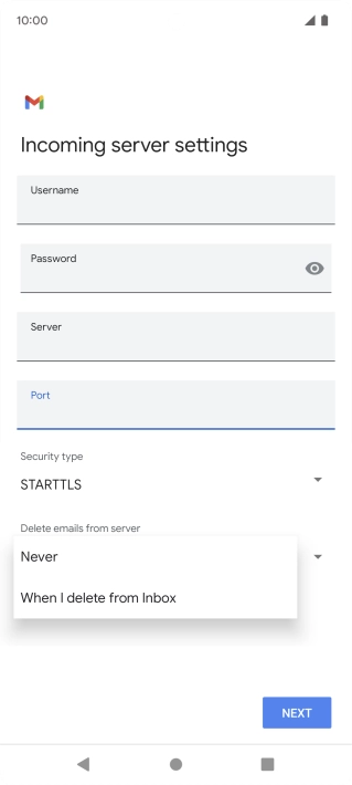 Press Never to keep email messages on the server when you delete them on your phone.