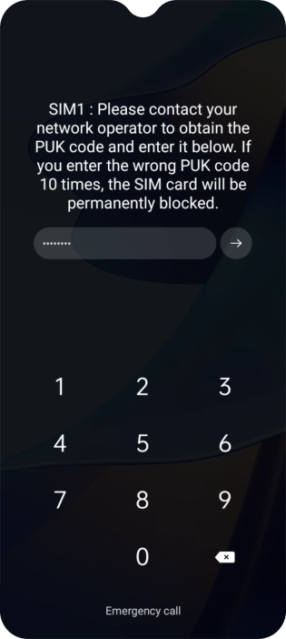 Key in the PUK and press arrow right.