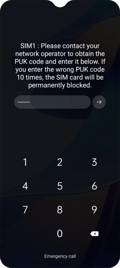 Key in the PUK and press arrow right.