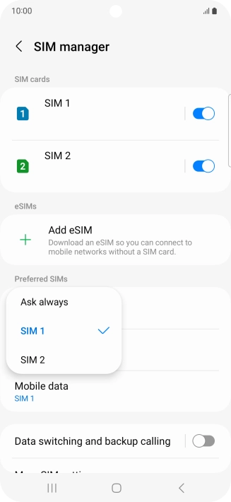 Press the required setting.