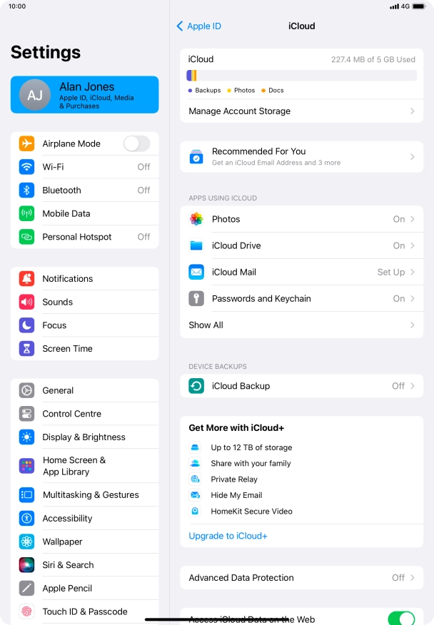 Press iCloud Backup.