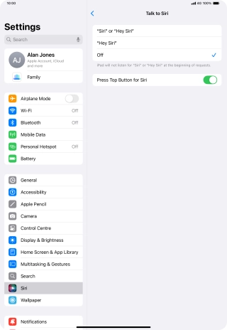 Press the required setting to turn the function on or off. If you turn on the function, you need to follow the instructions on the screen to set up Siri to recognise your voice.